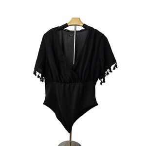 Shein Curve Black V-Neck Tassel Bodysuit Size L